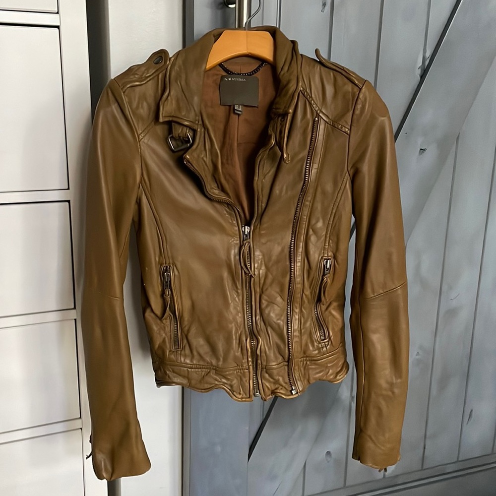 MUUBAA Fitted Leather Jacket Mustard Yellow US 2 - Picture 2 of 8